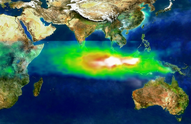 Polusi udara di Asia Tenggara dan Samudera Hindia akibat kebakaran hutan Indonesia, 22 Oktober 1997 (NASA - Earth Probe Total Ozone Mapping Spectrometer (TOMS)).